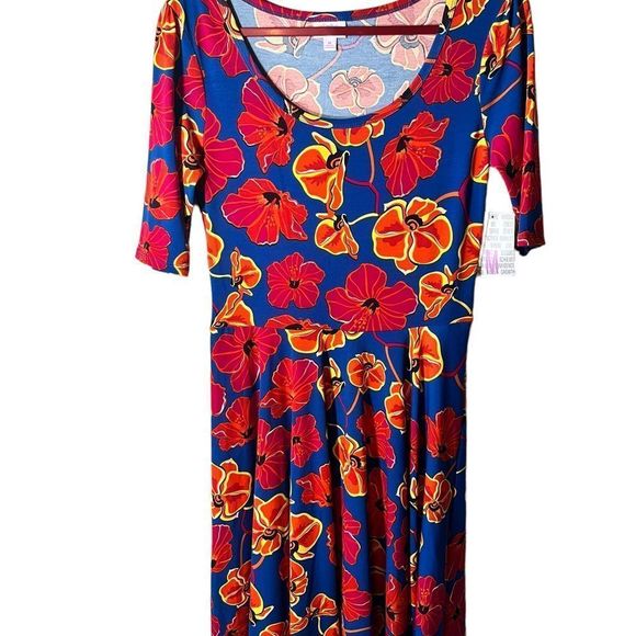 Lularoe Fit and Flare Colorful Dress Royal Blue and Red Hibiscus Sz M. Scoopneck - Picture 1 of 5